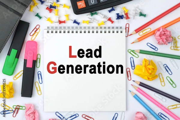 Fototapeta On the table is a calculator, diary, markers, pencils and a notebook with the inscription - Lead Generation