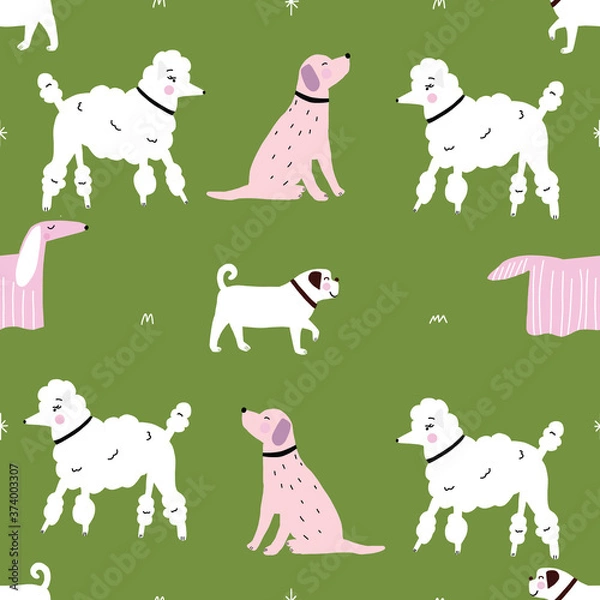 Obraz Seamless pink and white dog monochrome retro hipster pattern with green background