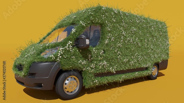 Fototapeta Delivery Van Covered with Grass and Daisies on Yellow Background 3D Rendering