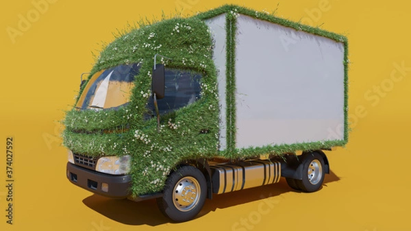 Fototapeta Box Truck Partially in Grass and Daisies on Yellow Background 3D Rendering