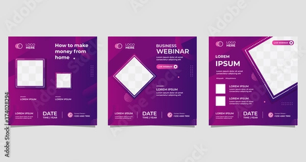 Fototapeta Social media post template, 
How to get money from home. Set of business webinar vector graphics, dark purple background