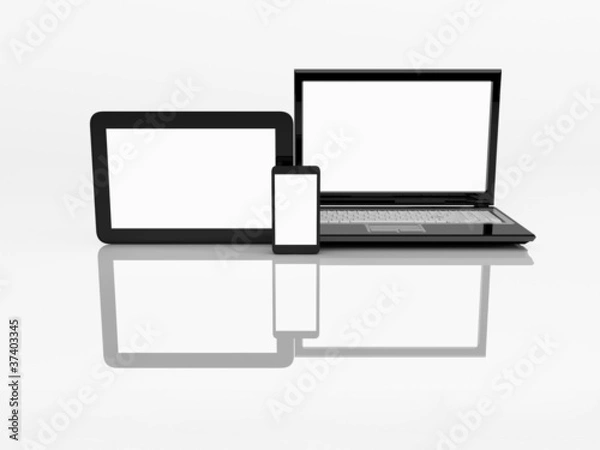 Fototapeta Electronics. Laptop, mobile phone and tablet pc. 3d