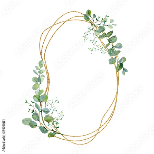 Obraz Watercolor frame with eucalyptus greenery leaves on golden frame. Green floral baby nursery decor, greenery baby shower, wedding card, greenery invintation card.
