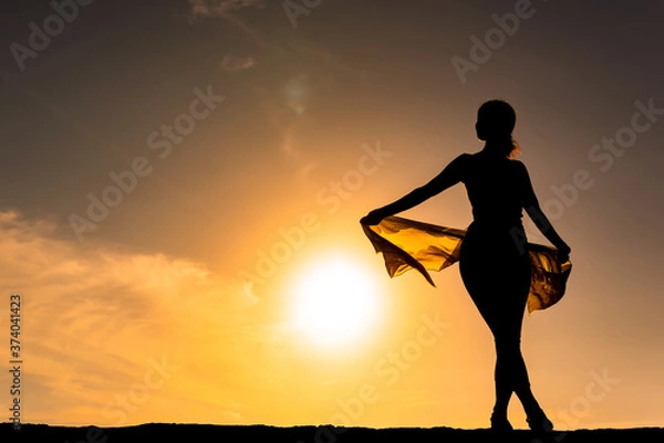 Obraz 太陽を背景に立つ女性のシルエット