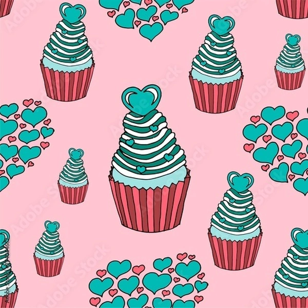 Obraz Vector graphic of the various sweets and desserts decorated into seamless pattern. Valentines day seamless pattern of hearts and cupcakes. Beautiful abstract pattern with Valentines day seamless