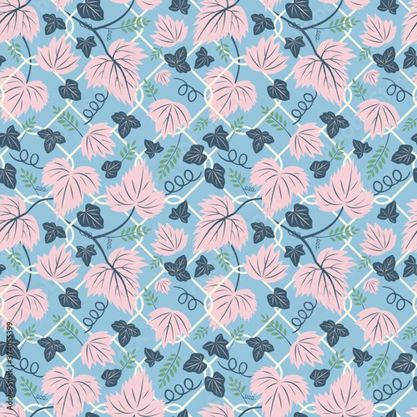 Fototapeta Climbing vines in the spring time seamless pattern in pastel color palette. wallpaper, gift wrap, stationery, wrapping paper, surface, textile, fabric, grape vine, English ivy, fence, countryside.