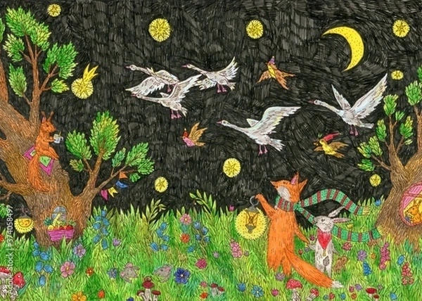 Obraz The fox and the hare are walking at night. Vivid illustration. Cute illustration for the decor and design of posters, postcards, prints, stickers, invitations, textiles and stationery.