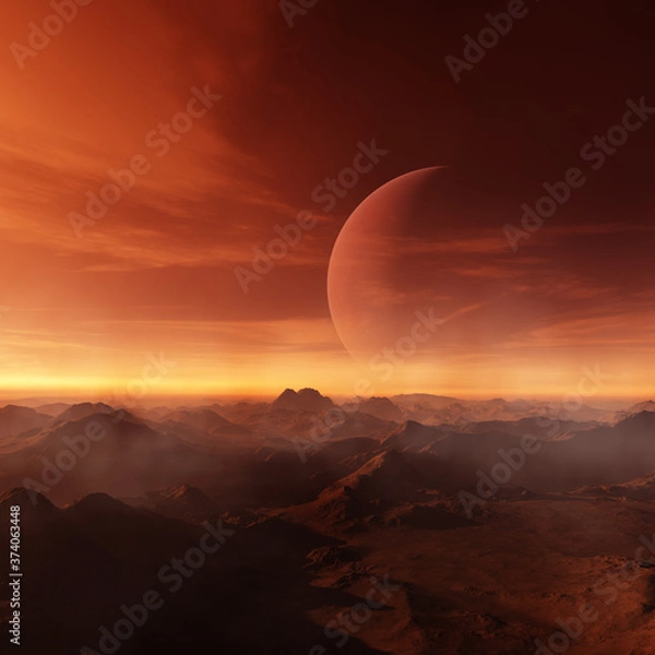 Fototapeta Grafika kosmiczna: Alien Planet - Fantasy Landscape z czerwonym niebem i chmurami