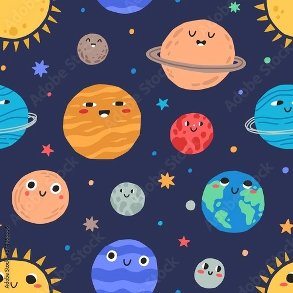 Fototapeta Cute childish planets and stars of solar system seamless pattern. Funny astronomical objects with orbits vector flat illustration. Cartoon universe with adorable cosmic celestial body