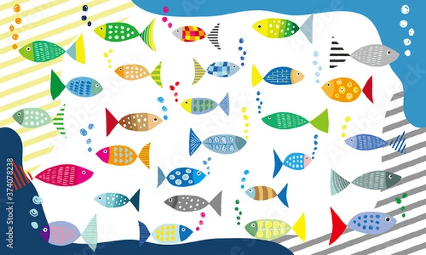 Obraz 魚　フィッシュ　手描き　シンプル
カラフル　フレーム　ストライプ　ワンポイント　模様　テキスタイル　かわいい　アイコン