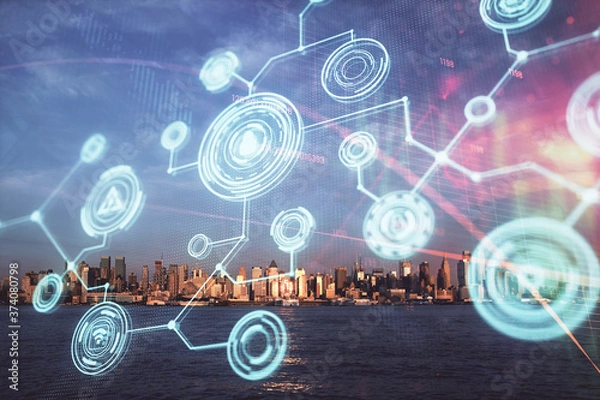 Fototapeta Double exposure of social network theme drawing and cityscape background. Concept of people connecton.