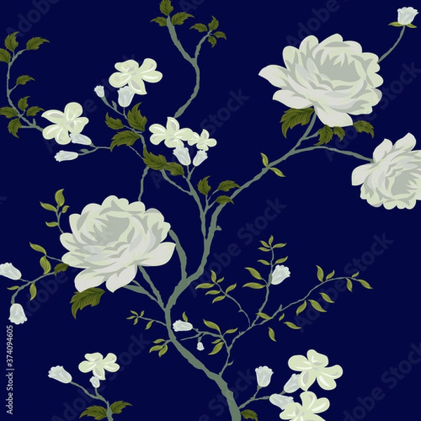 Fototapeta seamless vector flowers pattern on navy     background