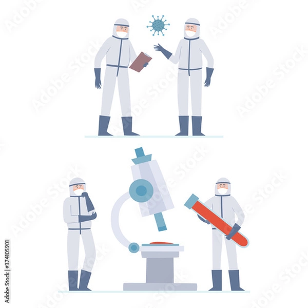 Fototapeta Vector illustration of tiny doctors - scientists, coronavuris and big microscope