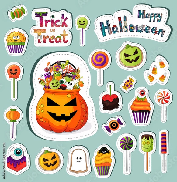 Obraz Halloween sweets stickers set. Many types traditional halloween desserts. Trick or treat elements, design treats icons collection. Treat bowl, candy, apples, eyeball, jelly. Scrapbook template images.