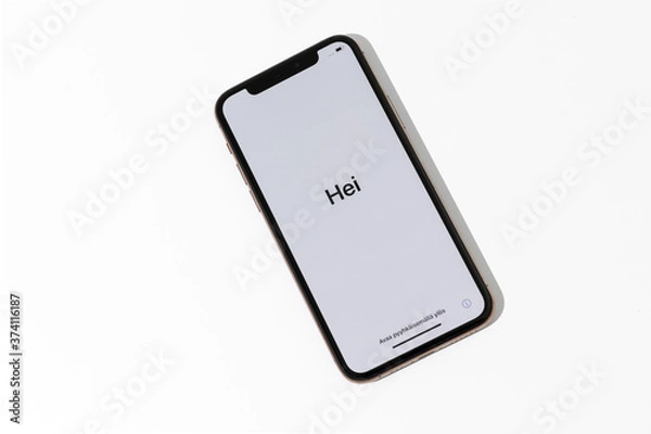 Fototapeta Welcome hello in different languages white screen on starting of the smartphone 