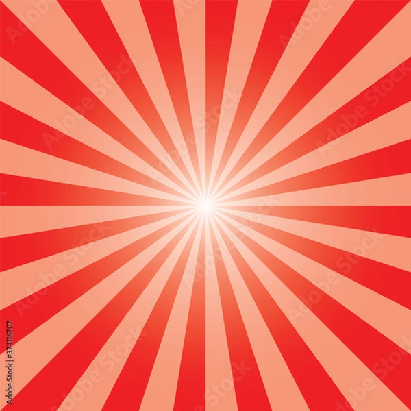 Fototapeta Red sunburst background template. Rectangular recto backdrop. Sun rays pattern. Candy apple red color sunbeam background design for various purposes.	