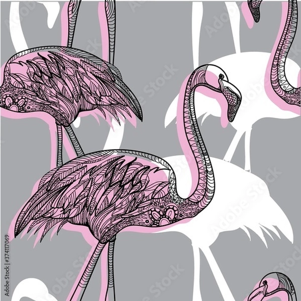 Fototapeta Pattern with flamingos. Drawing by hand. Multicolored birds. Stylish summer tropical background.