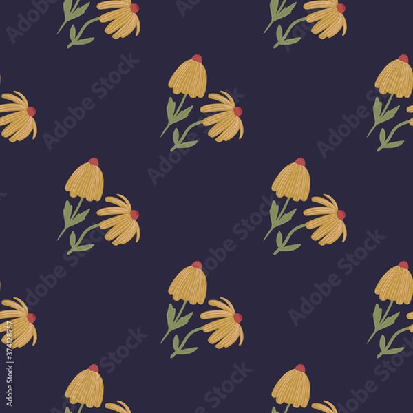 Fototapeta Yellow pale little flower silhouettes seamless pattern. Dark navy blue background. Minimalistic design.
