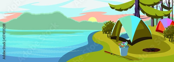 Fototapeta Vector flat web banner on the theme of Climbing, Trekking, Hiking, Walking. Sports, Camping, outdoor recreation, adventures in nature, vacation. Modern flat design. Morning camp.

