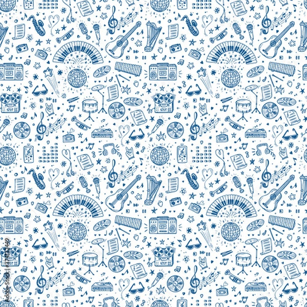 Fototapeta Vector Music background. Seamless pattern with Hand drawn doodle Musical Instruments, Retro musical equipment.
