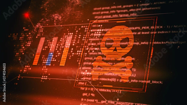 Obraz computer screen with programming code and a skull, concept of computer security, malware or hacker attack (3d render)