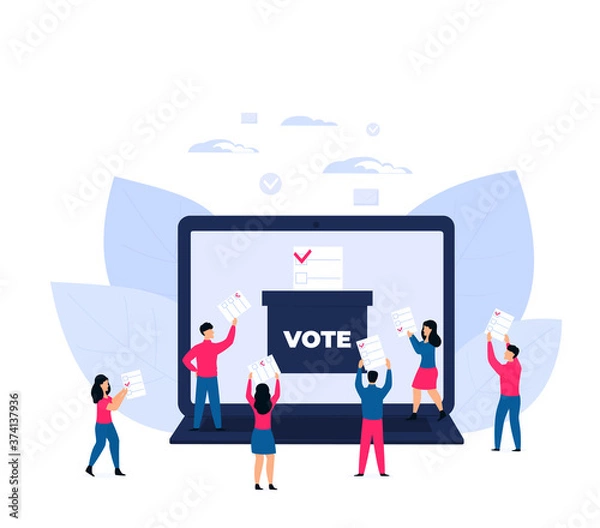 Fototapeta Remote voting. Tiny voters near a huge laptop ballot box cast a vote.