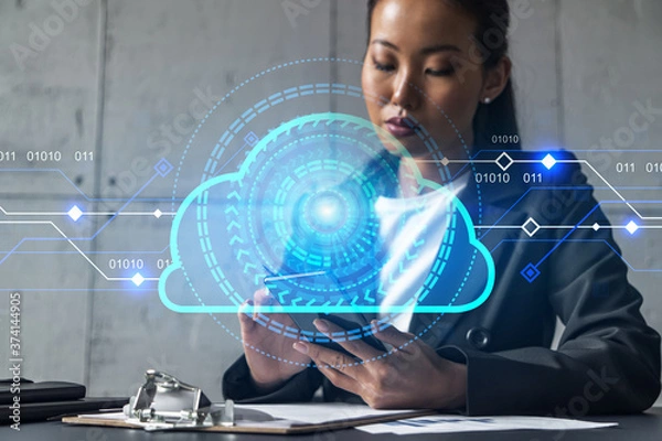 Fototapeta Businesswoman typing phone, work in modern office on new project. Cloud hologram. Double exposure. Concept of success.