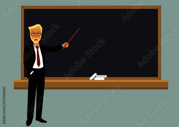 Fototapeta vector graphics, a solid teacher in a suit with a pointer in his hand at an empty blackboard