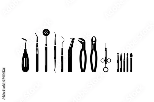 Obraz Set of black silhouettes of dentistry tools. Tools for oral examination, treatment, and tooth extraction. Medical icon set. Vector