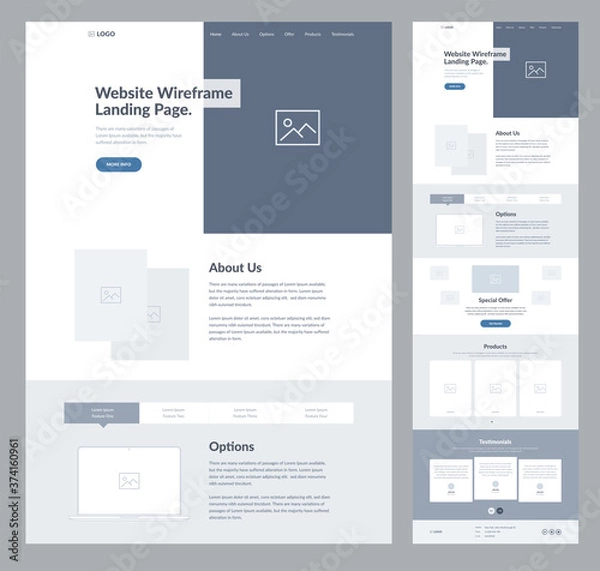Obraz Website landing page wireframe design for business. One page site layout template. Modern flat UX/UI site development. Responsive cool website design concept.