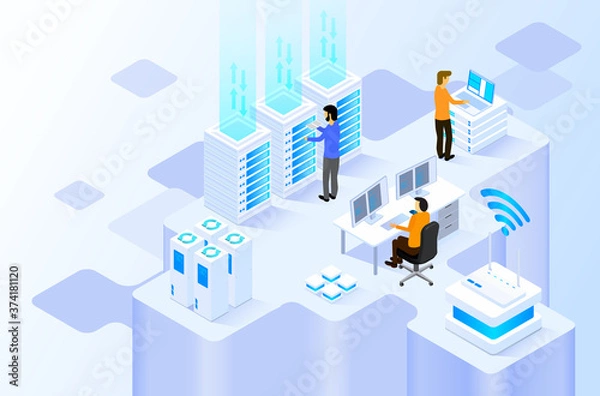 Obraz data center or server room processing data operation with security protection and maintenance with isometric design style - vector