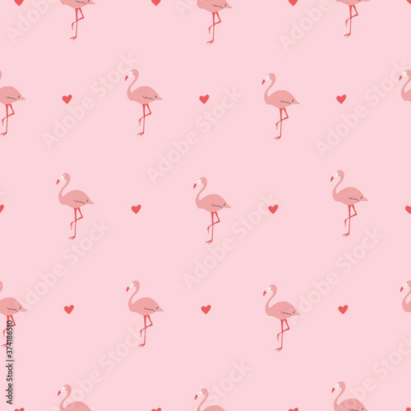 Fototapeta Pink and red Seamless vector repeat pattern with hearts and flamingos
