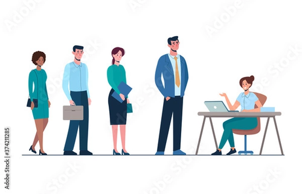 Obraz The recruiting department is working. Competition of people for work, queue for an interview in HR Department. Men and women want to get a job. Vector illustration, flat isolated
