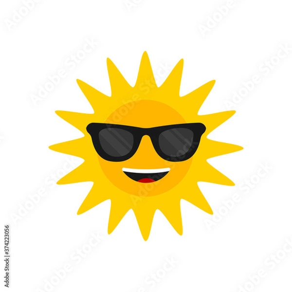 Fototapeta Sun with sunglasses. Cartoon smiling sun icon for weather design. Sunshine symbol happy orange isolated sun vector illustration