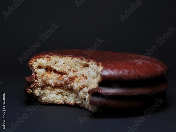 Obraz Choco Pie Chocolate isolated on black background. Choco Pie coated snack