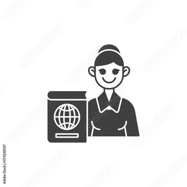 Fototapeta Geography teacher vector icon. filled flat sign for mobile concept and web design. Woman teacher with geography book glyph icon. Symbol, logo illustration. Vector graphics