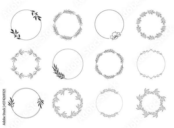 Fototapeta Set of floral circle frames and wreaths. Elegant botanical borders. Wedding design elements. Vector isolated illustration.
