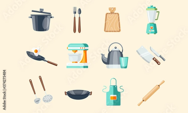 Fototapeta Set of kitchenware and utensils, flat illustration. Vector modern style decorative icons isolated on background.