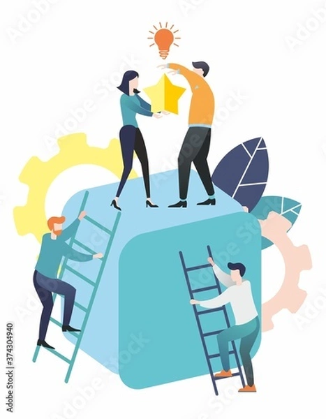 Obraz Flat illustration. A group of people goes to the goal. Achieving goal. Way up. Teamwork. Business. Achieving success.