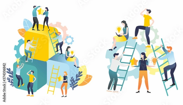 Obraz Flat illustration. Group of people. Teamwork. Men and women solve problems. Illustrations for business. Illustrations for infographics.