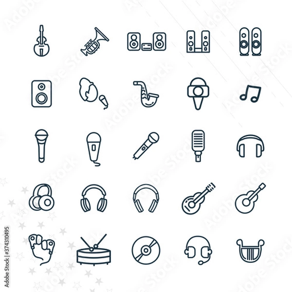 Fototapeta music line icon set with musical instruments, guitar, drums, musical notes, headphones, microphone