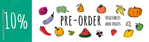 Fototapeta pre-order vegetables and fruits horizontal banner with colorful compositions of whole and sliced fresh vegetables and fruits in a realistic vector illustration style. banner with the discount space