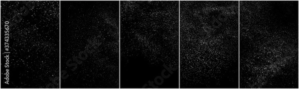 Fototapeta Set of distressed white grainy texture. Dust overlay textured. Grain noise particles. Snow effects pack. Rusted black background. Vector illustration, EPS 10.   