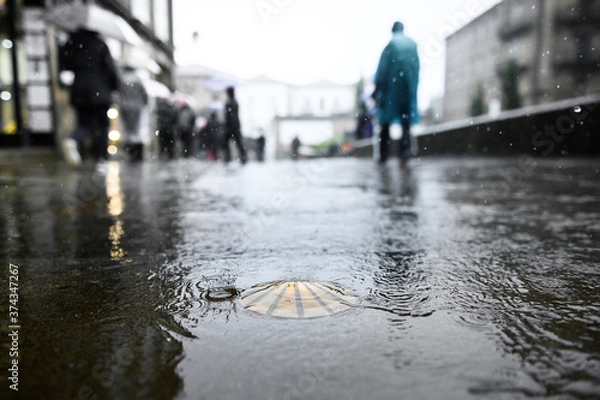 Fototapeta Bronze scallop as a waymark in the old town of Santiago de Compostela on wet ground during rain with pilgrims in ponchos in the background.