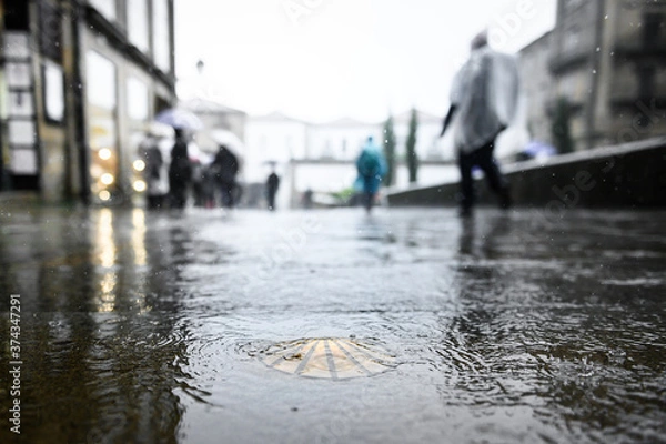 Fototapeta Bronze scallop as a waymark in the old town of Santiago de Compostela on wet ground during rain with pilgrims in ponchos in the background.