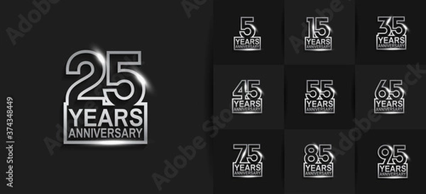 Fototapeta Anniversary logotype set with silver color on black background. vector design for celebration purpose, greeting, invitation card and special event