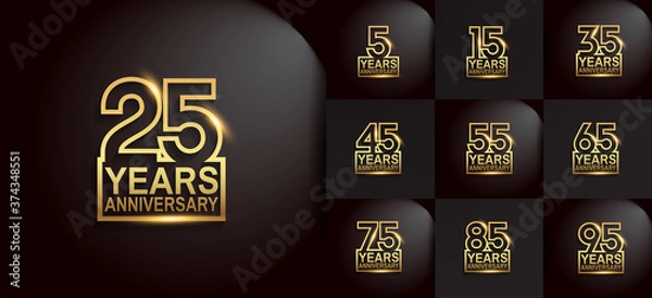 Fototapeta Anniversary logotype set with golden color on black background. vector design for celebration purpose, greeting, invitation card	and special event