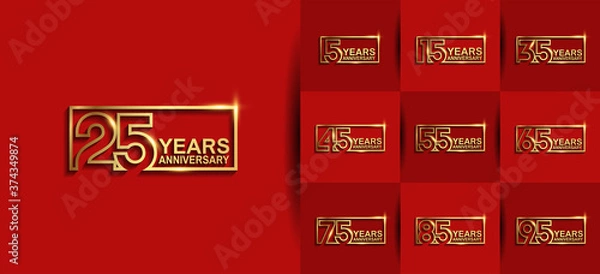 Fototapeta Anniversary logotype set with golden color on red background. vector design for celebration purpose, greeting, invitation card and special event