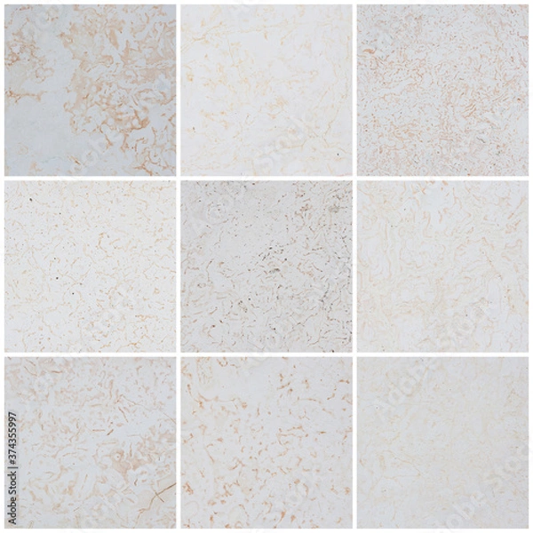 Fototapeta Dolomite texture set. Collection of stone backgrounds. Natural rock with beautiful light beige patterns on the surface. Polished flat stone. Classic luxury decoration building material.