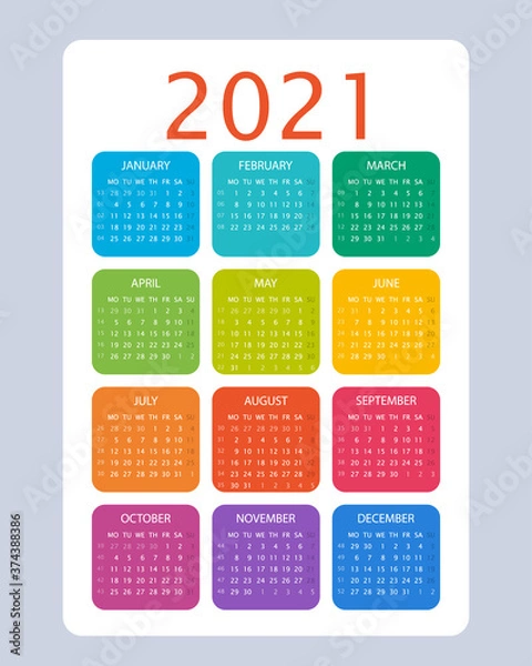 Obraz Kalendarz 2021 roku. Kolorowy wektor wzór. Tydzień zaczyna się w poniedziałek